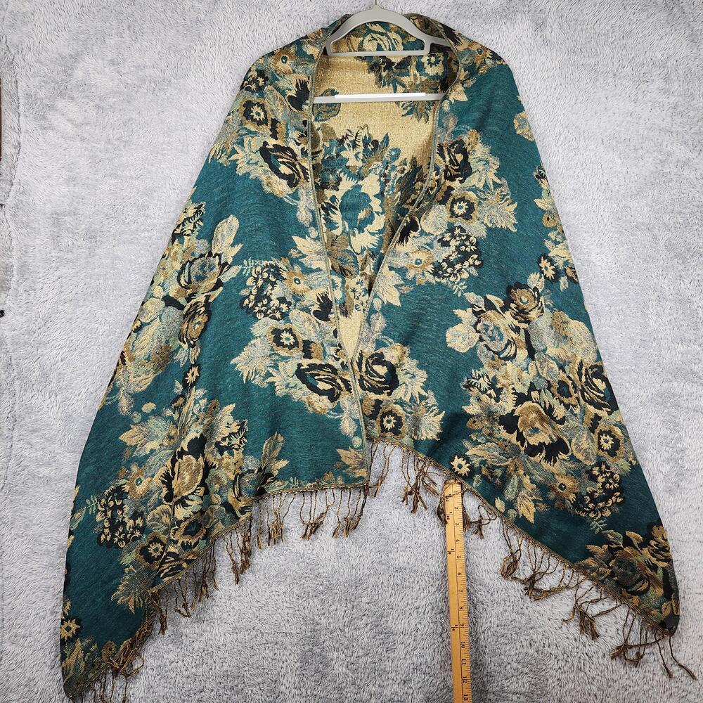 Vintage Susan Graver Shawl Wrap Scarf Womens One Size Green Floral Fringe Button
